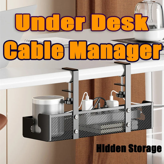 No-Drill Under-Desk Cable Organizer Tray Easy-Install Metal Cable Wire Tray Management for Office Home Power Strip Cord Holder